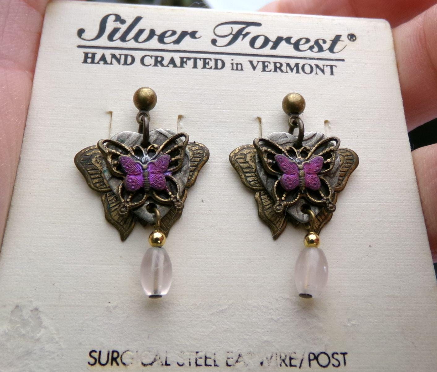 pink butterfly dangle earrings, pierced post back vintage Silver Forest Vermont jewelry