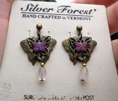 pink butterfly dangle earrings, pierced post back vintage Silver Forest Vermont jewelry