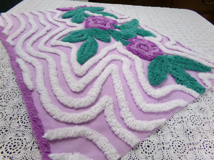 Violet Roses Vintage Chenille Bedspread Fabric 18x23" Sweeping White Waves