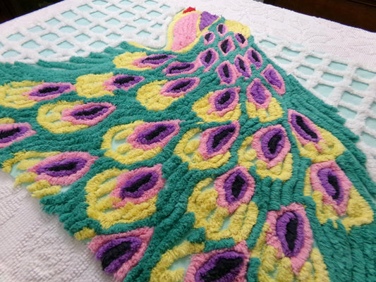 peacock feathers vintage chenille bedspread fabric, colorful plush sewing material, 19" x 27" piece