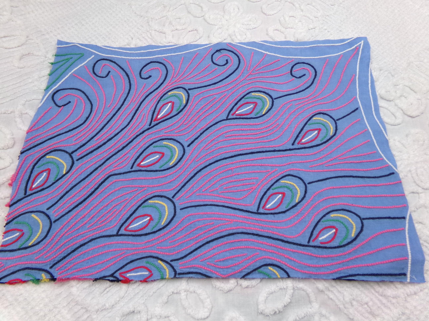 Pink Peacock Vintage Chenille Fabric, exotic tail feathers, sewing craft quilt material 17" x 23" piece