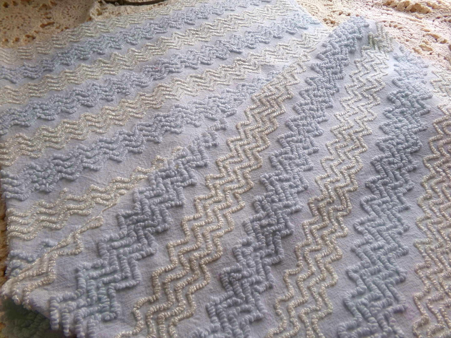 pastel blue & white vintage chenille fabric 23" x 20" gentle zig zag texture quilting material