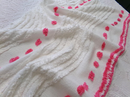 zany white & hot pink vintage chenille fabric: interesting piece of sewing material, 15" x 28" lightweight cotton blend piece