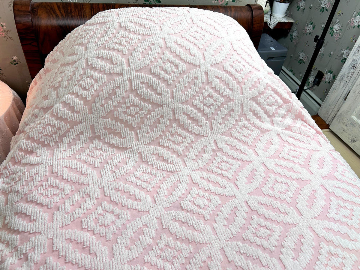Vintage White & Pink Chenille Bedspread, Twin Size Coverlet, Accent Fringe