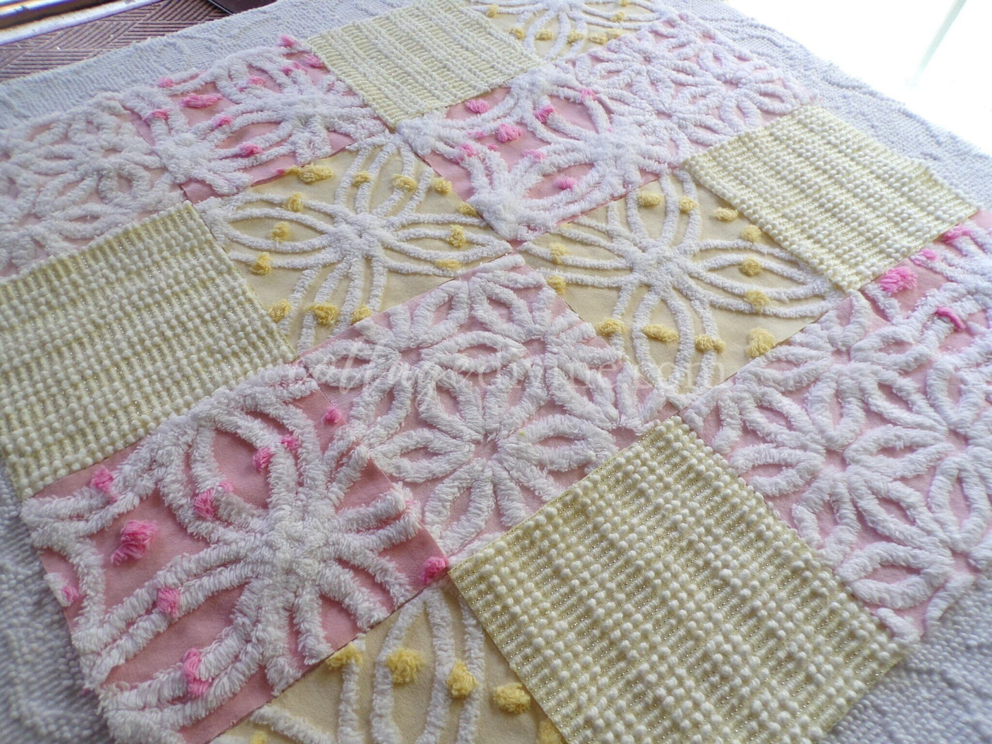 Spring Sparkle Chenille Quilt Squares Set from Vintage Bedspread Fabric, 16 Blocks, 6" x 6" inch