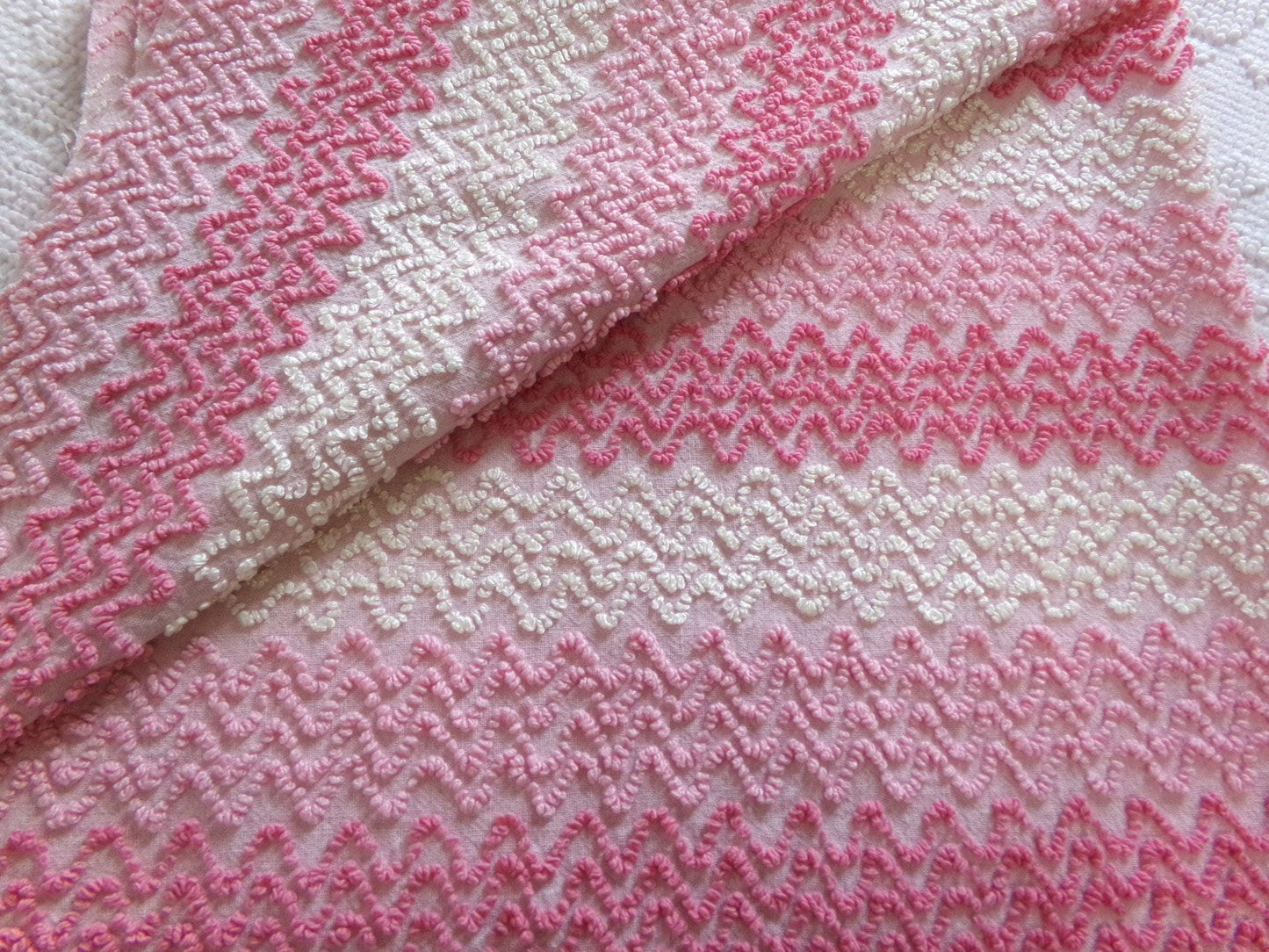 Pink Vintage Chenille Bedspread Fabric, Zig Zag Texture, 15" x 23" piece