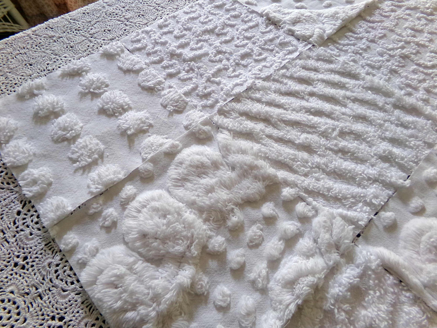 snow bunny vintage chenille fabric squares, 16 vintage white 6" quilt blocks w/ pops, squiggles, diamond lattice & swirls