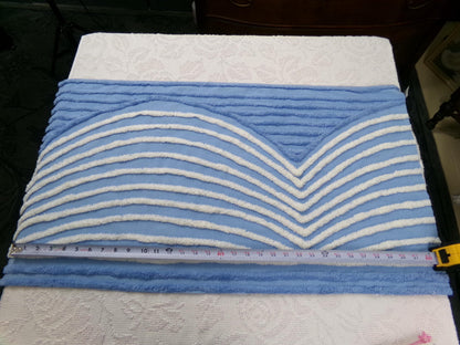 Vintage Chenille Fabric Piece, White Waves on Blue, 18" x 33" Sewing Material