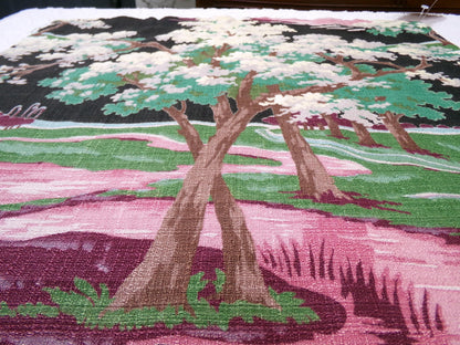 Moody Surreal Vintage Barkcloth Fabric Spooky Black Pink Mystic Winding Path, 20" x 35"