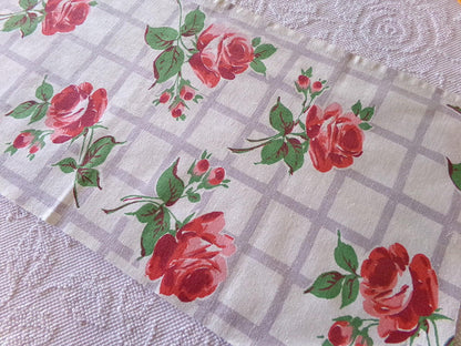 Red Roses Lattice Vintage Fabric Piece, Midcentury Style 14" x 31" inches for sewing material, upcycling