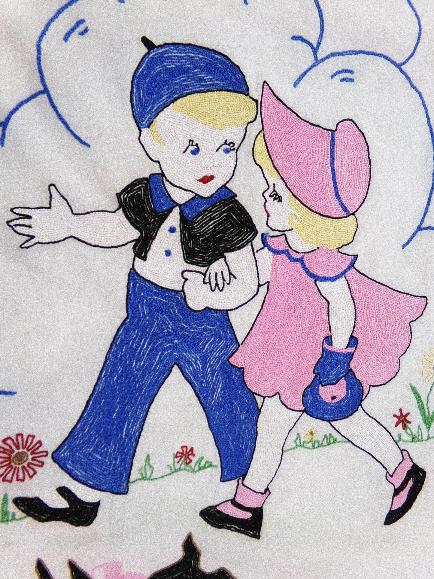 whimsical vintage chenille fabric panel: jack & jill storybook cute kids w/ scotty dog, 22" x 26" piece