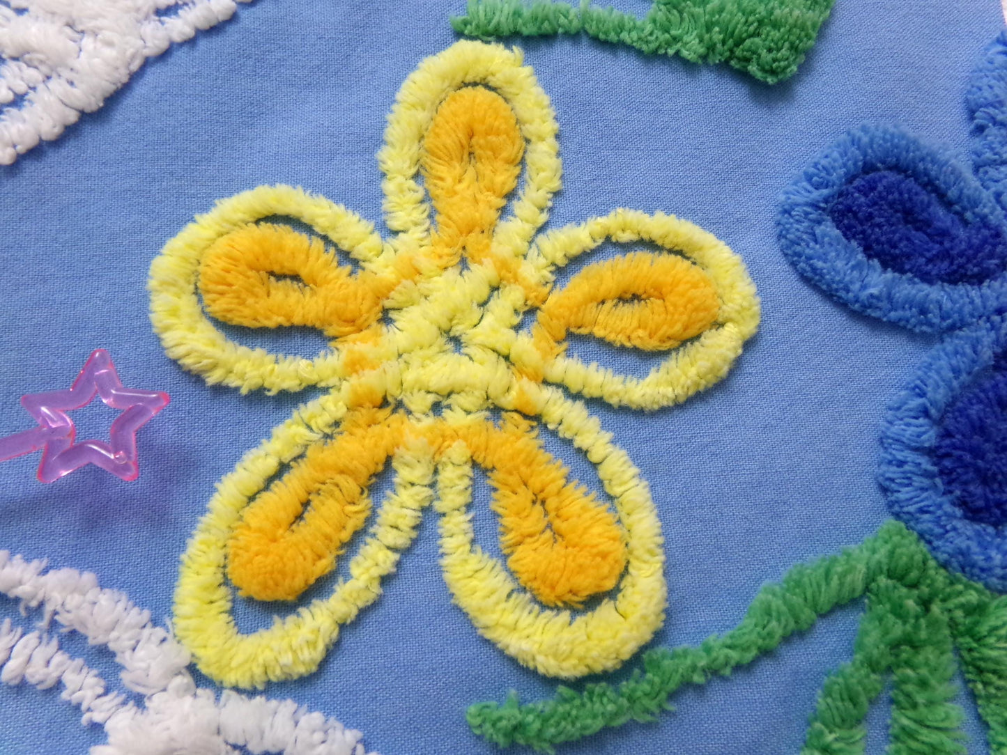 vintage shabby chenille bedspread fabric, abstract floral blue & white swirls, 14" x 22" piece