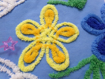 vintage shabby chenille bedspread fabric, abstract floral blue & white swirls, 14" x 22" piece