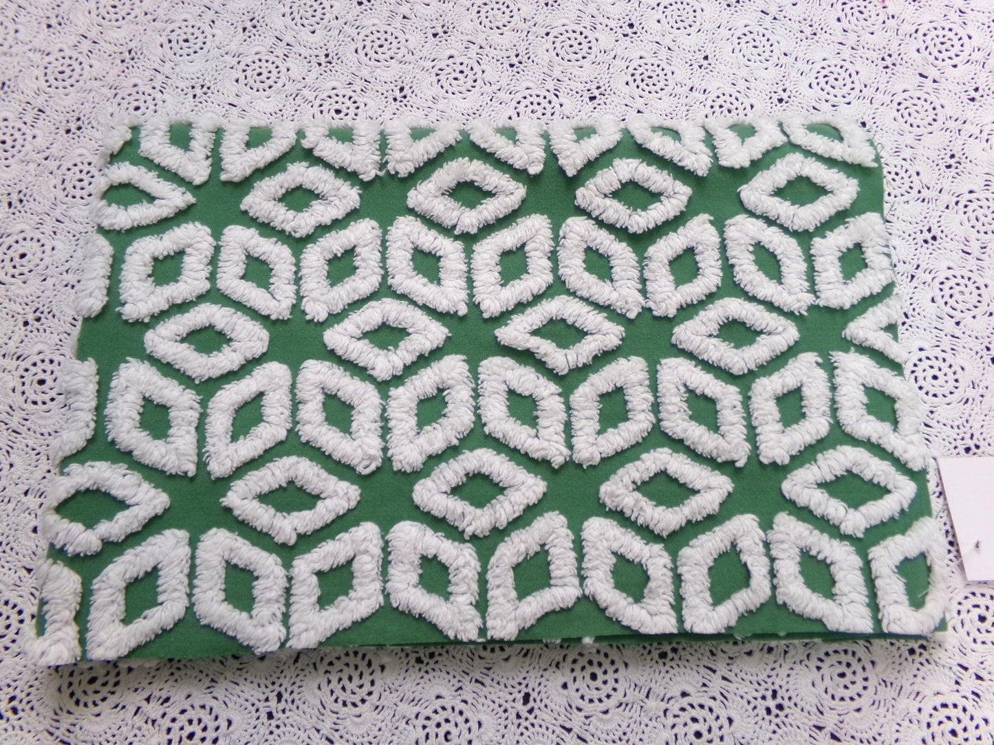 White Snowflake Vintage Chenille Fabric, Christmas Green 17.5x26" Piece