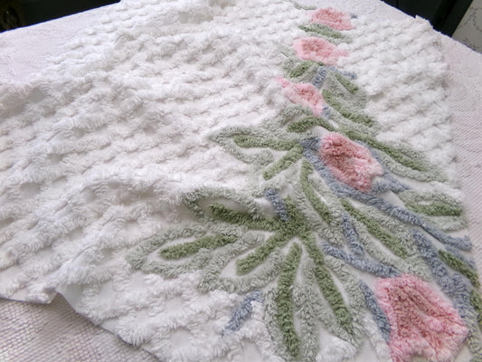 climbing tulips vintage chenille fabric in plush pink & white offset floral trellis design, 26" x 24" piece of sewing material
