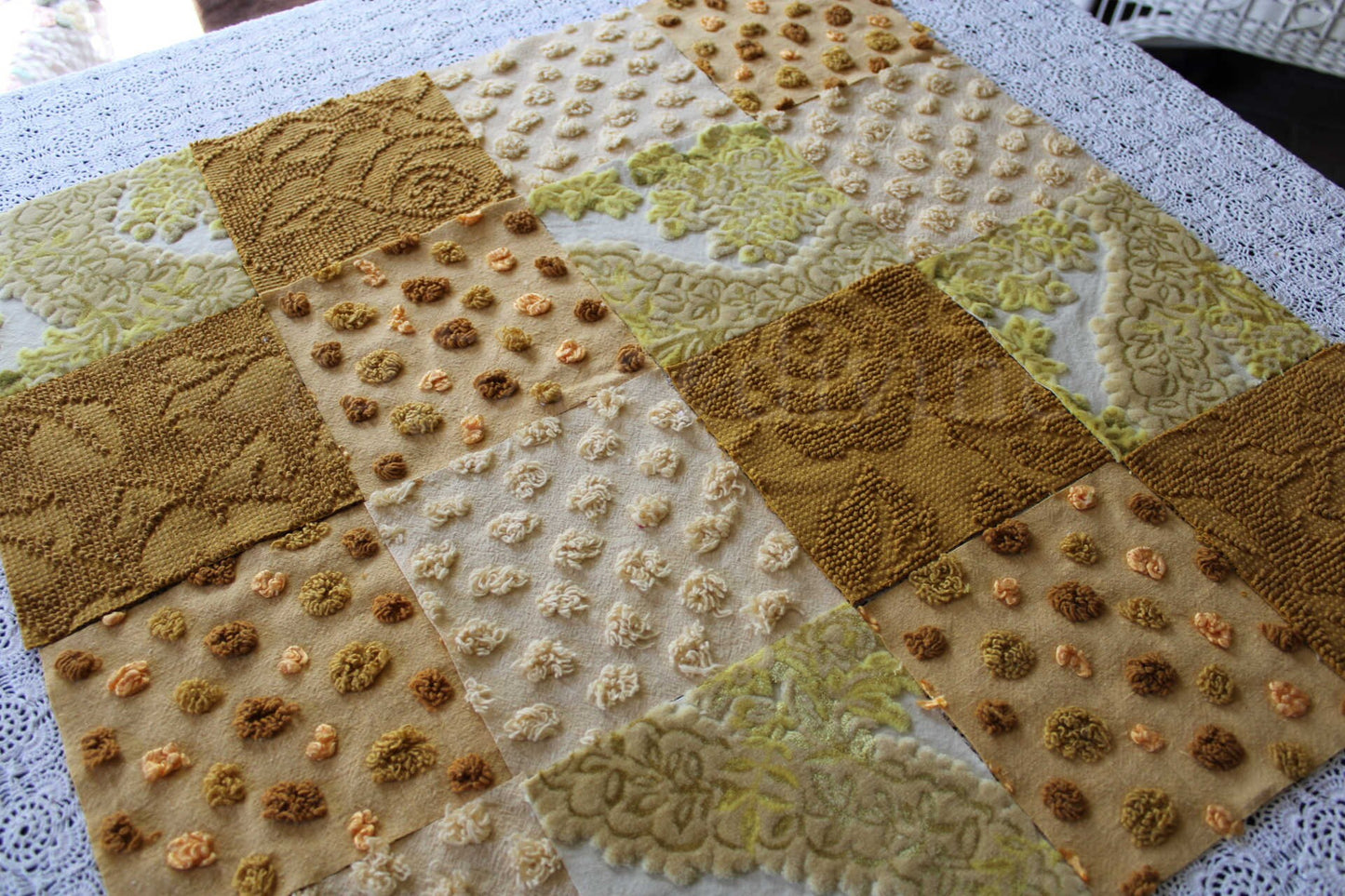 Chenille & Velvet Quilt Squares Set, "Hippie Mama", from Vintage Bedspread Fabric, 16 Blocks, 6" x 6" inches each, Earthtones