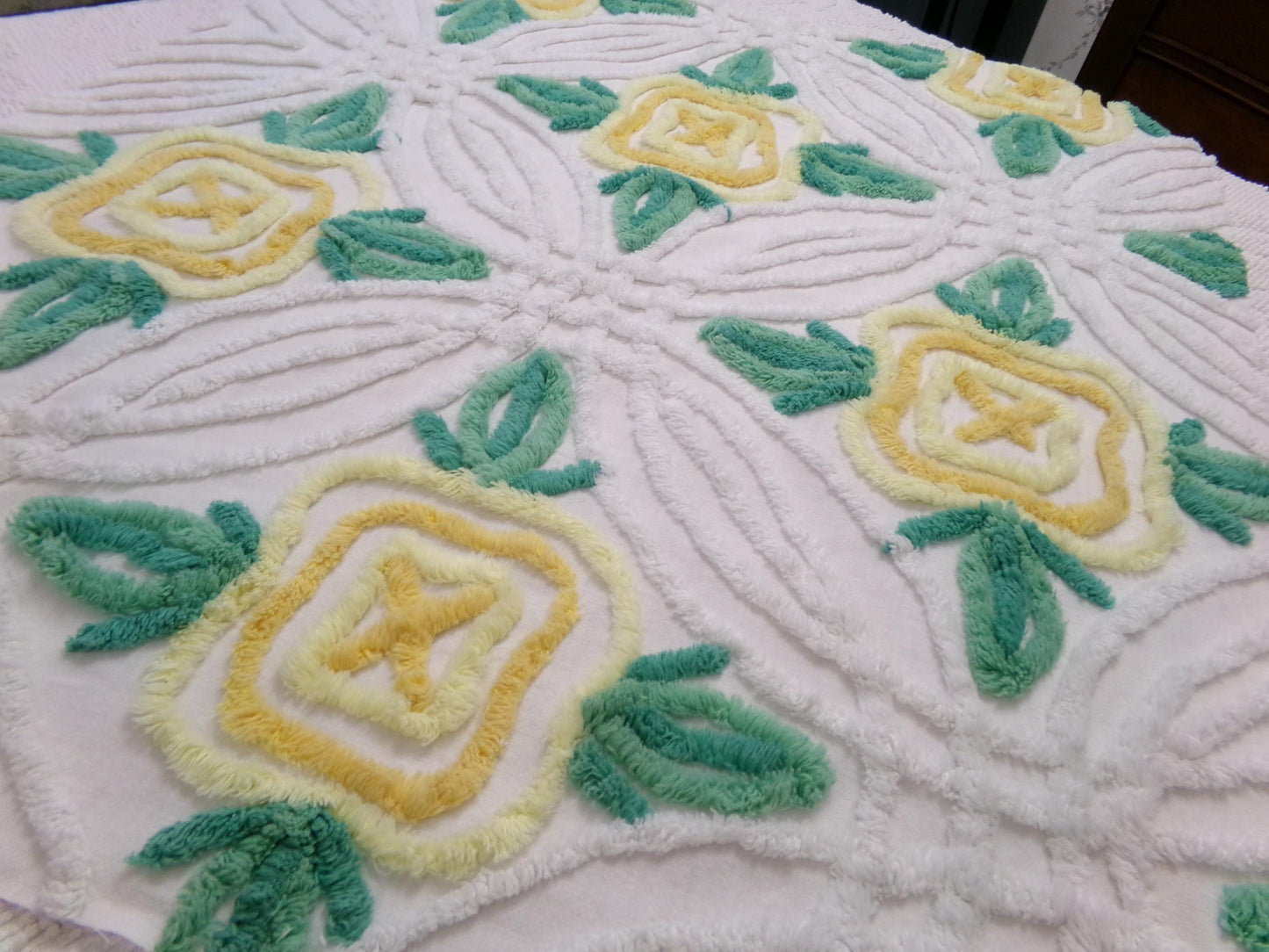 yellow cabbage rose vintage chenille bedspread fabric, cottage charm quilt material, 23" x 25" piece
