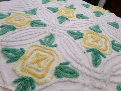 yellow cabbage rose vintage chenille bedspread fabric, cottage charm quilt material, 23" x 25" piece