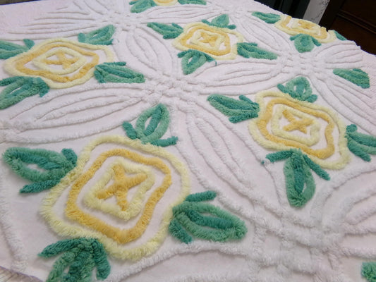 yellow cabbage rose vintage chenille bedspread fabric, cottage charm quilt material, 23" x 25" piece