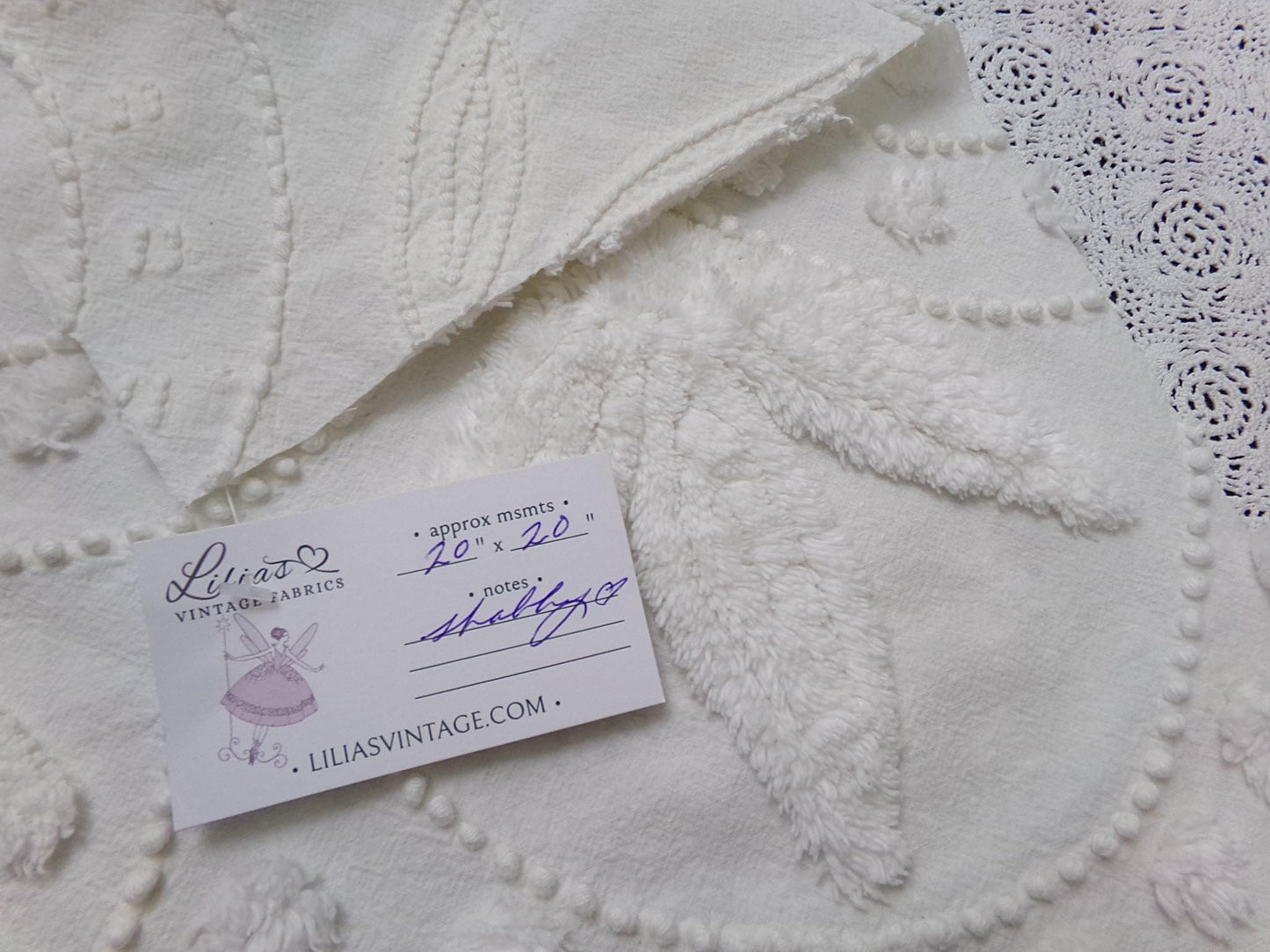 Dainty Vintage Chenille Fabric, Creamy Botanical Leaf Pearl Dots, 20x20" Piece