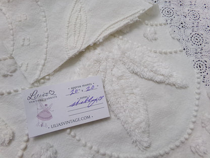 Dainty Vintage Chenille Fabric, Creamy Botanical Leaf Pearl Dots, 20x20" Piece