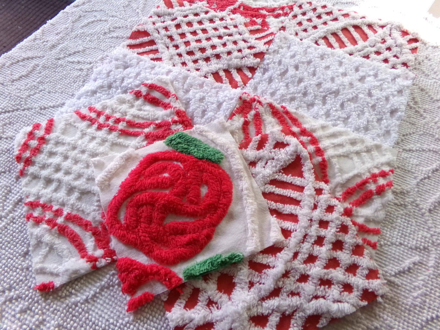 vintage chenille fabric squares, set of 8 red & white 7.5" vintage quilt blocks for sewing, Christmas crafts, quilting