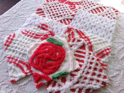 vintage chenille fabric squares, set of 8 red & white 7.5" vintage quilt blocks for sewing, Christmas crafts, quilting