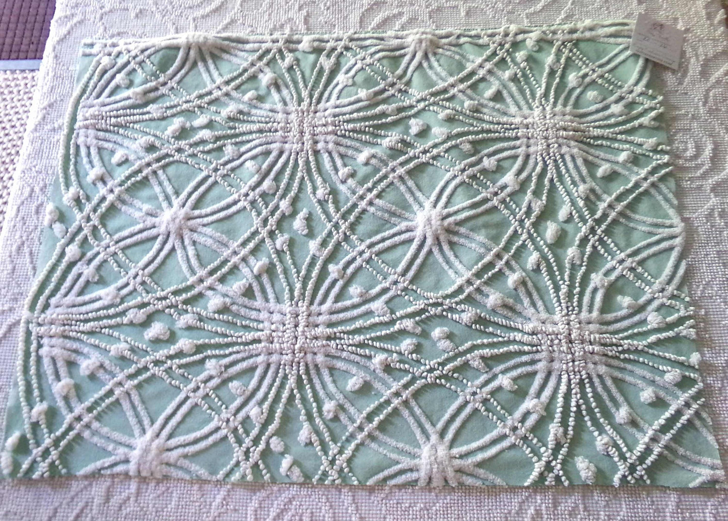 starry spiderweb jade green vintage chenille fabric, unique webbed design, 20" x 26" inch piece for quilting material & sewing