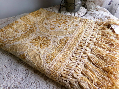 celestial gold matelasse woven tapestry fabric, silky shimmer fringe, 18" x 23" inch piece of vintage luxury sewing material