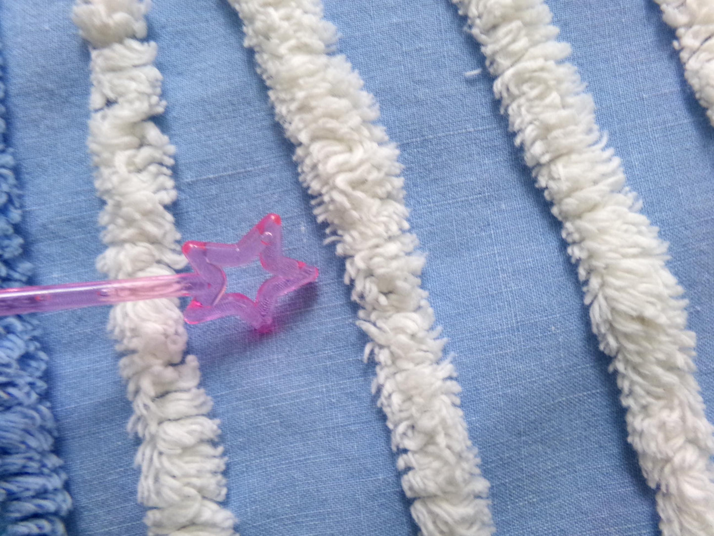 Vintage Chenille Fabric Piece, White Waves on Blue, 18" x 33" Sewing Material