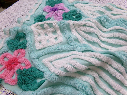 Breezy Fresh Aqua Vintage Chenille Fabric Cathedral Stripe Floral 16x20" Shabby Chic