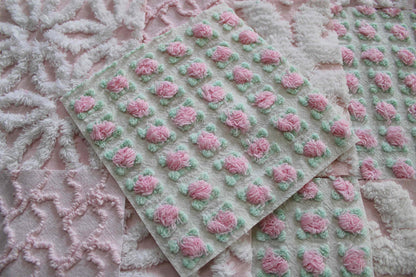 fairy pink chenille fabric squares, cottage rosebud & daisy, 16 vintage quilt blocks 6" x 6" inch, for patchwork pillows, quilting, crafts