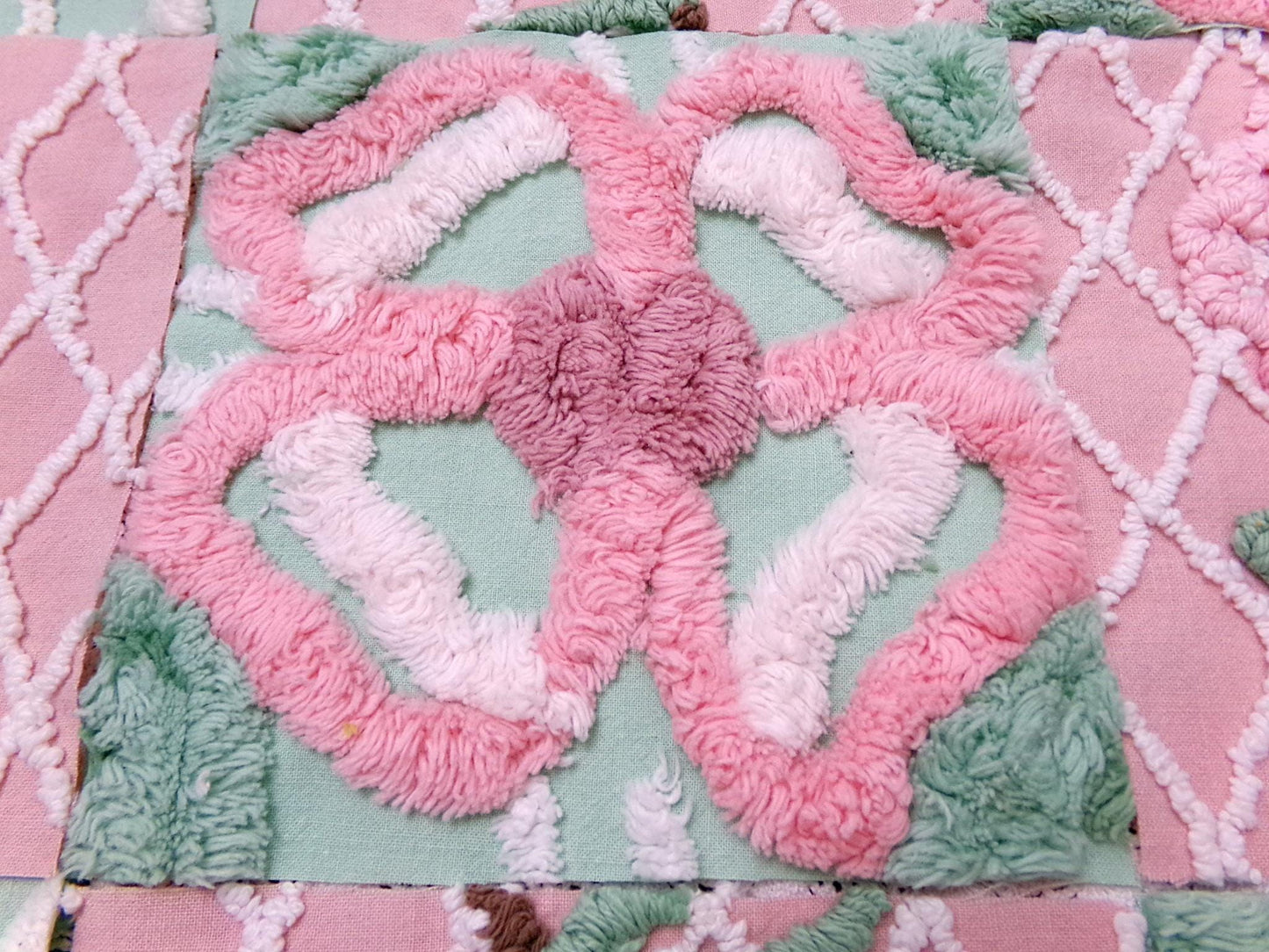 fresh cut roses vintage chenille fabric squares, set of 16 pink green quilt blocks 6" ea