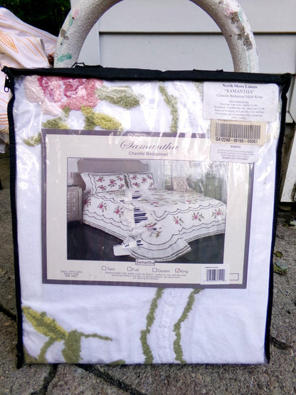 Vintage Style KING Chenille Bedspread, Samantha Rose Floral Design, 100% Cotton
