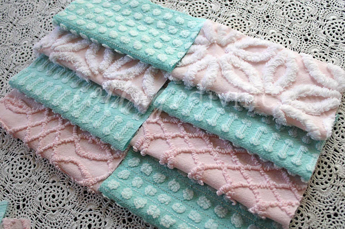 pink & aqua chenille fabric squares, set of quilt blocks cut from vintage chenille bedspreads, set of 16, 6" x 6" each for sewing, crafts