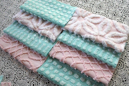 pink & aqua chenille fabric squares, set of quilt blocks cut from vintage chenille bedspreads, set of 16, 6" x 6" each for sewing, crafts