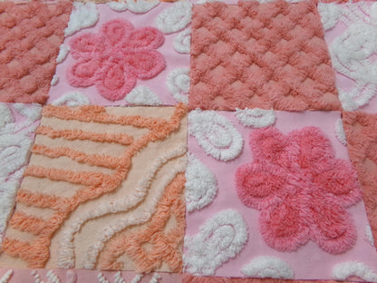 Strawberry Peach Vintage Chenille Fabric Squares Set, 16 Quilt Blocks, 6" x 6" inches each, for Quilting, Sewing, DIY Pillows
