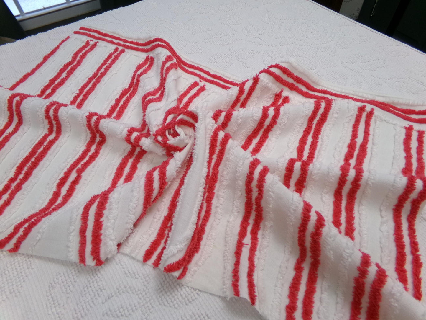 Red & White Striped Chenille Fabric, textured skinny lines craft quilt material, 17" x 27" piece