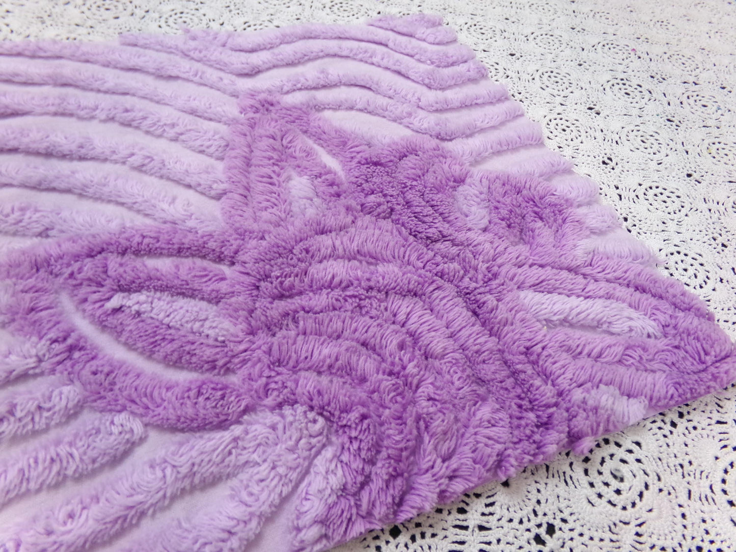 Lilac Floral Vintage Chenille Bedspread Fabric Piece 10.75x22" Plush Sewing Material
