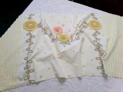 cottage floral vintage chenille fabric, buttercup yellow quilt sewing material, large 19" x 40" piece