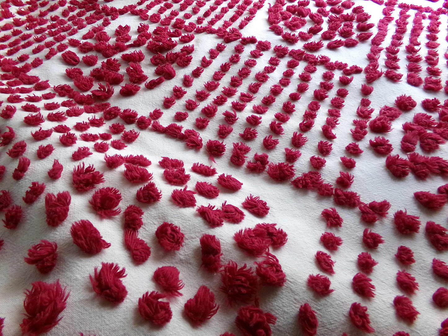 Magical "Ruby Slippers" Red Antique Chenille Fabric, 21" x 26" inch Piece, Vintage Handtuft Diamond Circle Puffs in Red Wine on White Cotton