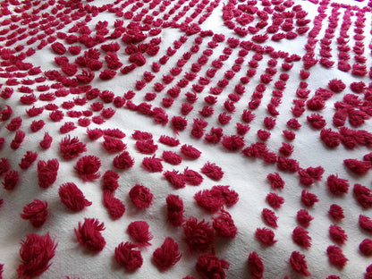 Magical "Ruby Slippers" Red Antique Chenille Fabric, 21" x 26" inch Piece, Vintage Handtuft Diamond Circle Puffs in Red Wine on White Cotton