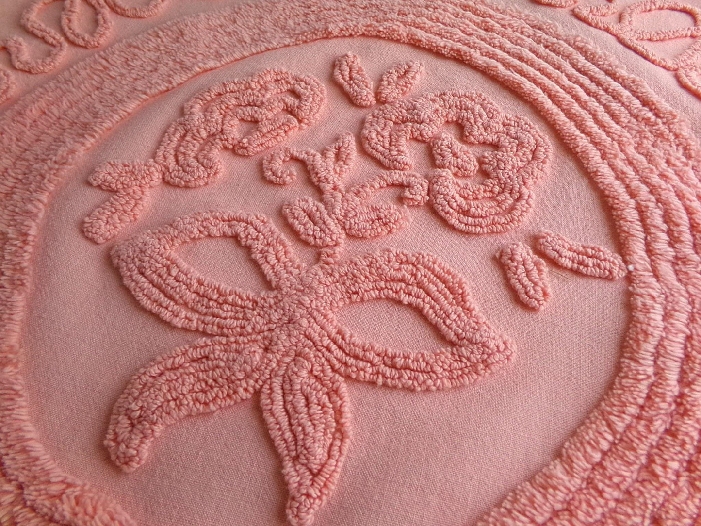 rose cameo vintage chenille fabric, peach needletuft floral bouquet & bow, 20" x 24" inch piece for quilting, sewing