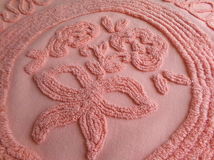 rose cameo vintage chenille fabric, peach needletuft floral bouquet & bow, 20" x 24" inch piece for quilting, sewing