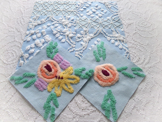 coastal wanderings chenille fabric squares, set of 8 vintage 7.5" quilt blocks, sky blue & white, for sewing, crafts, quilting