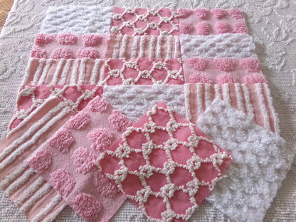 fun pink vintage chenille fabric squares, set of 16 quilt blocks, 6" x 6" inch, textured material ideal for rag quilts & patchwork pillows
