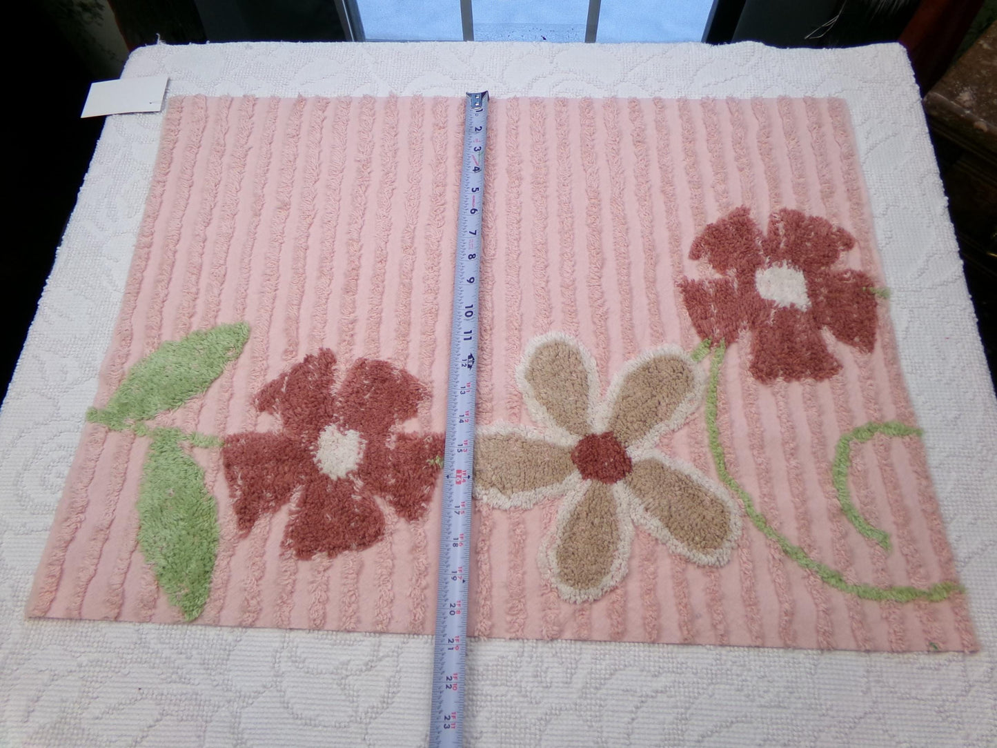 Vintage Chenille Bedspread Fabric, Pink Tufted Climbing Florals, 20" x 26" piece