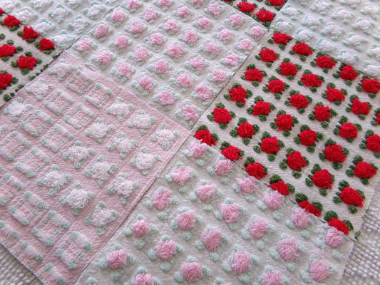 romantic rosebuds vintage chenille fabric squares, gorgeous medley of pink, red, white roses, set of 16 quilt blocks, 6" x 6" inch