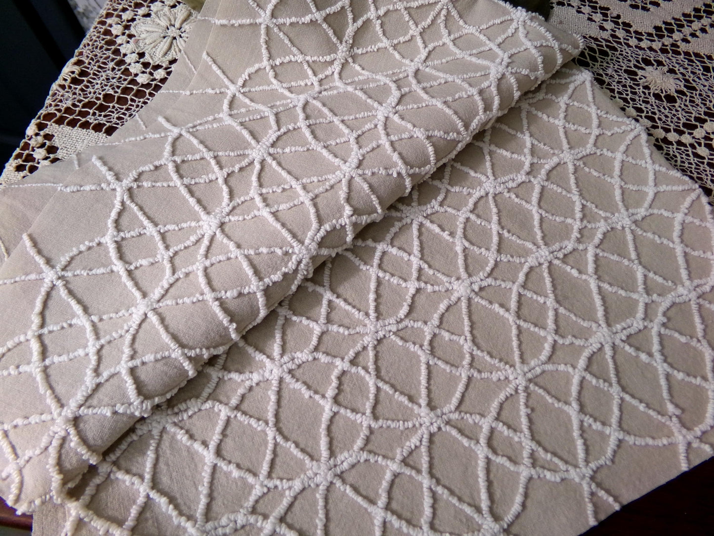 Neutral Mocha Vintage Chenille Fabric, Petite Tufted White Wedding Ring Design 18" x 24"