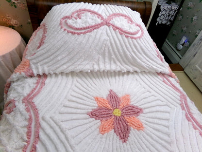 Vintage Chenille Bedspread Full Size Plush Luxurious Tufting, Shabby Chic Style Cotton Bedding